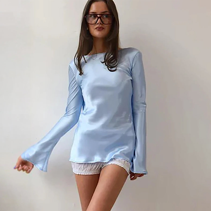 Blake טופ סאטן גב פתוח עם שרוול מתרחב