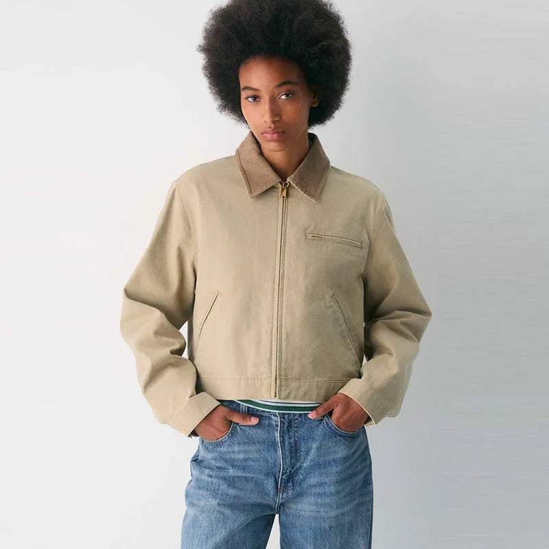 Krystal מעיל קצר קז'ואל רוכסן קולר קונטרסט