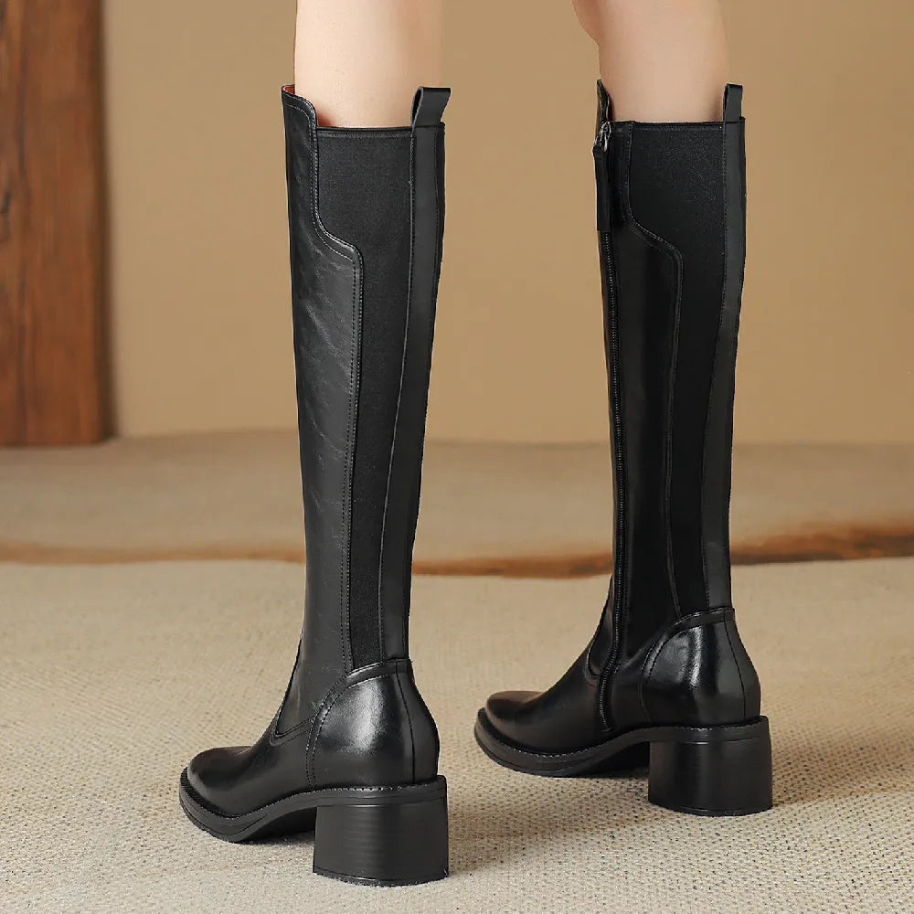 Crosby מגפי ברך עור אמיתי עם רוכסן ועקב בינוני