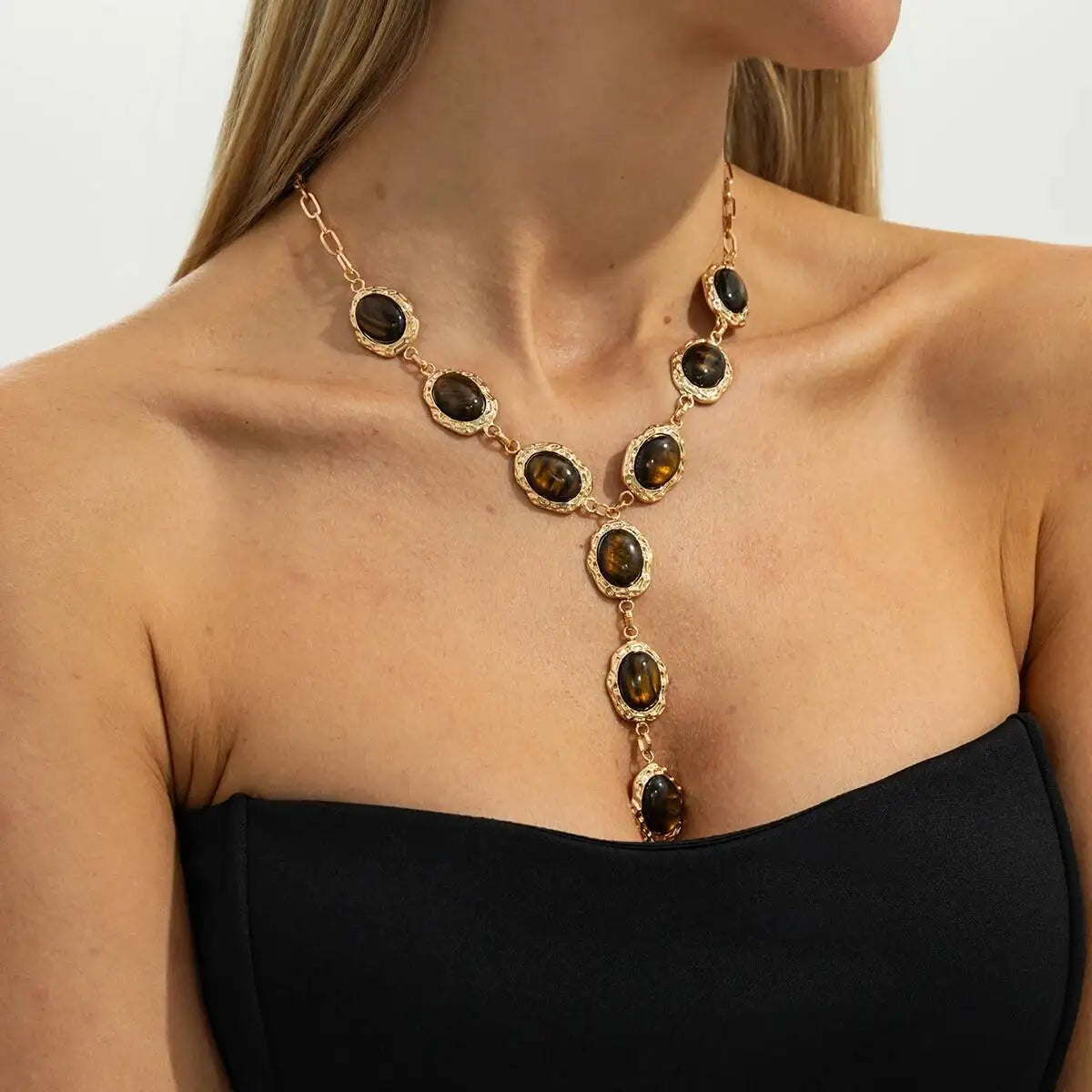 Aveline שרשרת אבן טייגר איי בצורת Y