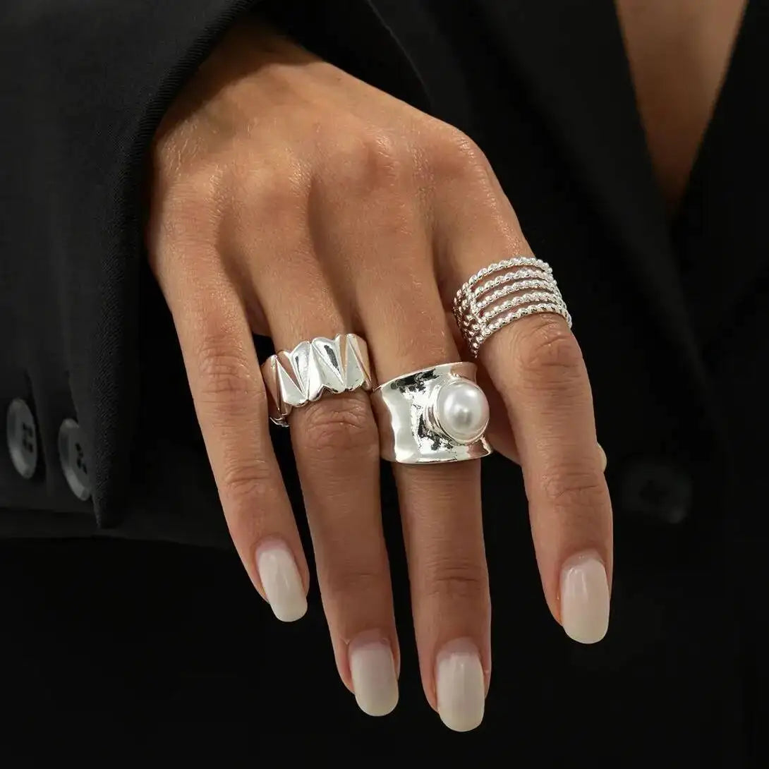 Selene סט טבעות פנינה בגוון כסף