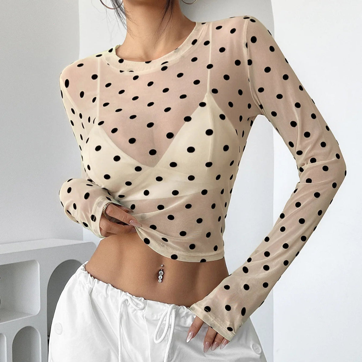 Kelsie חולצת רשת פולקה דוט שקופה