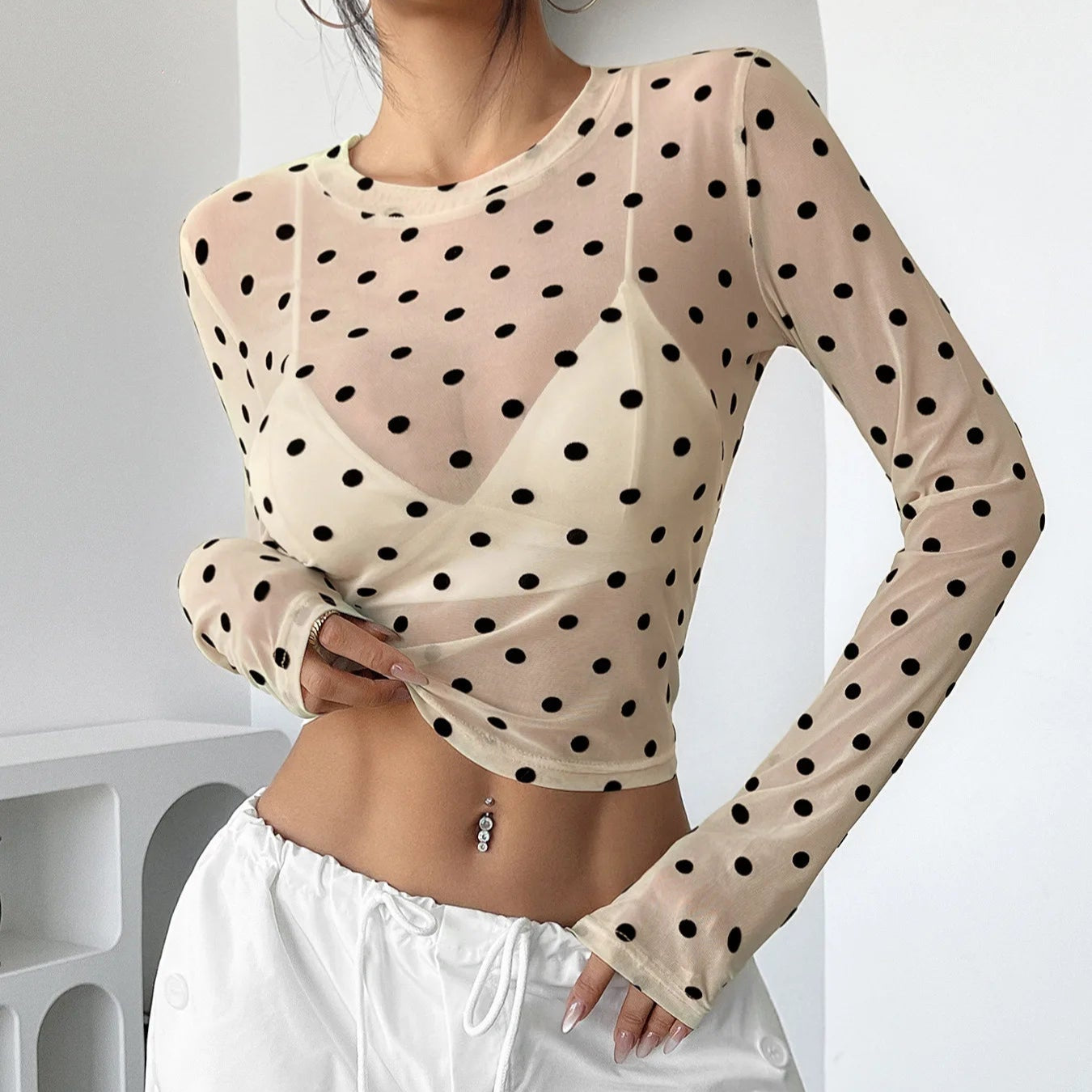 Kelsie חולצת רשת פולקה דוט שקופה