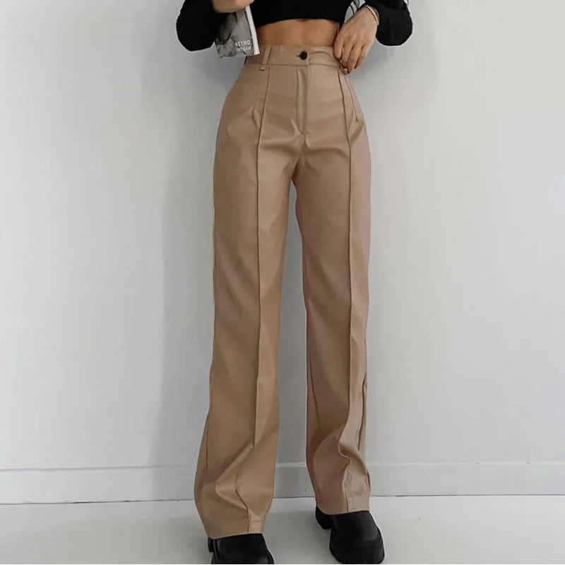 Abbie מכנסי דמוי עור בגזרה ישרה עם מותן גבוהה