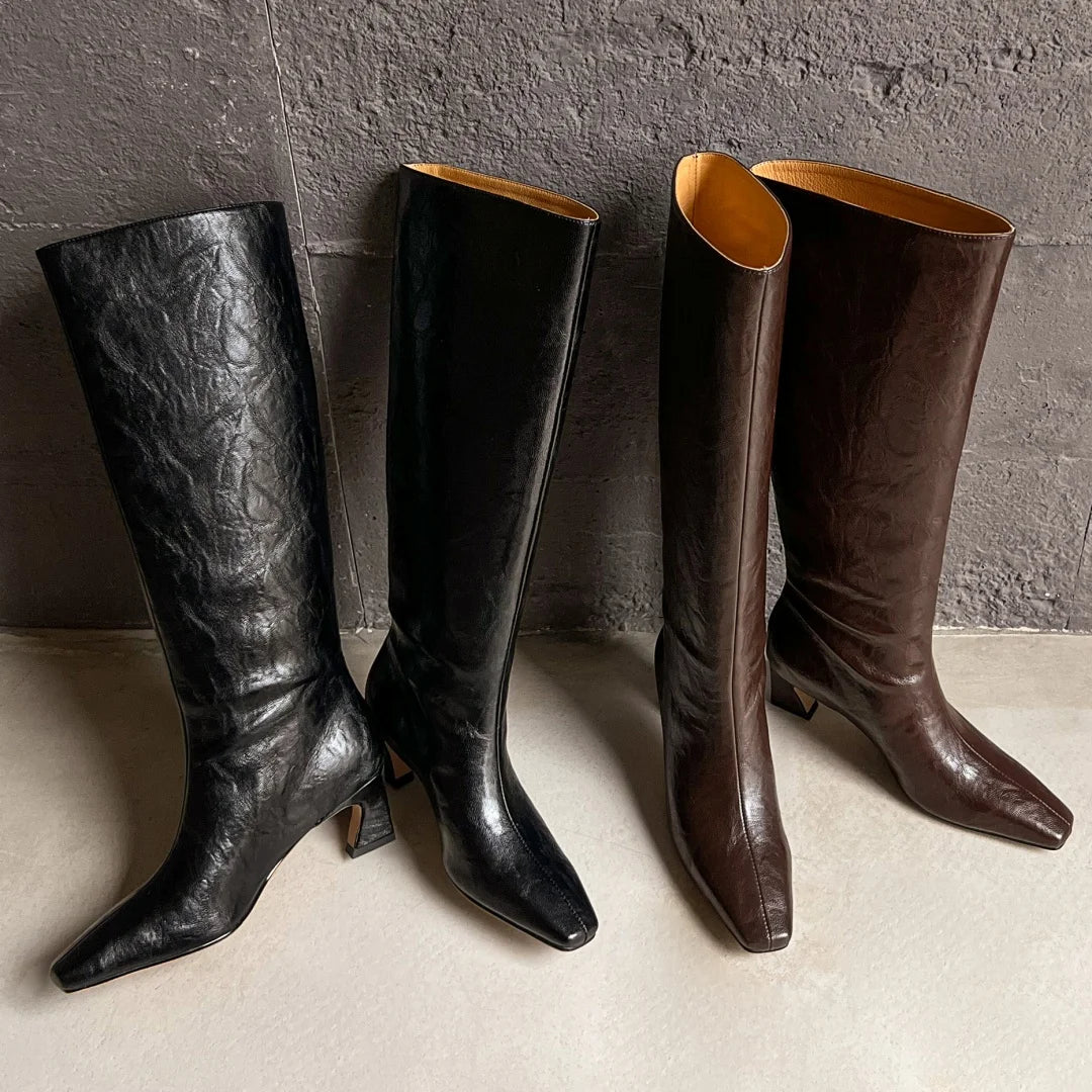 Allan מגפי ברך עור אלגנטיים עם עקב