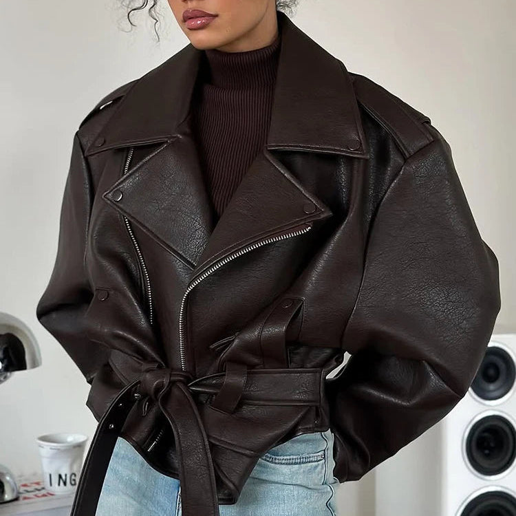 Arun ג׳קט דמוי עור קצר עם רוכסן וצווארון רחב