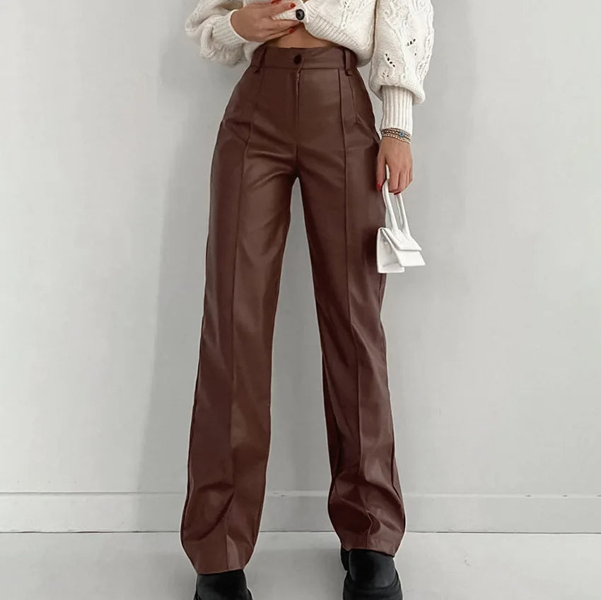 Abbie מכנסי דמוי עור בגזרה ישרה עם מותן גבוהה