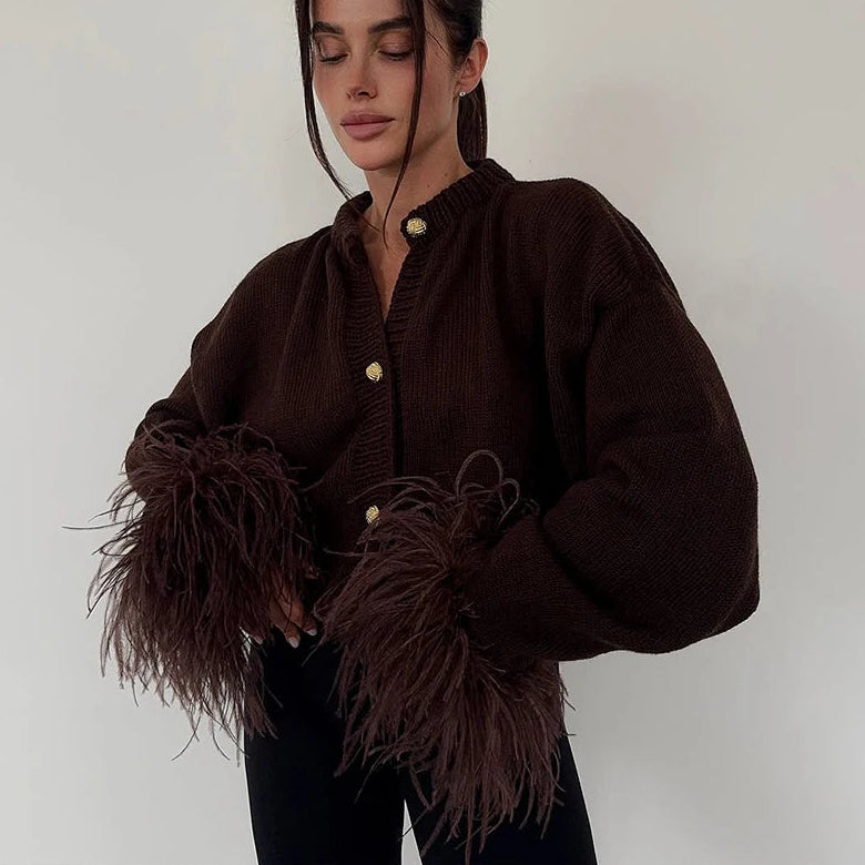 Mata קרדיגן סרוג עם פרוות נוצות