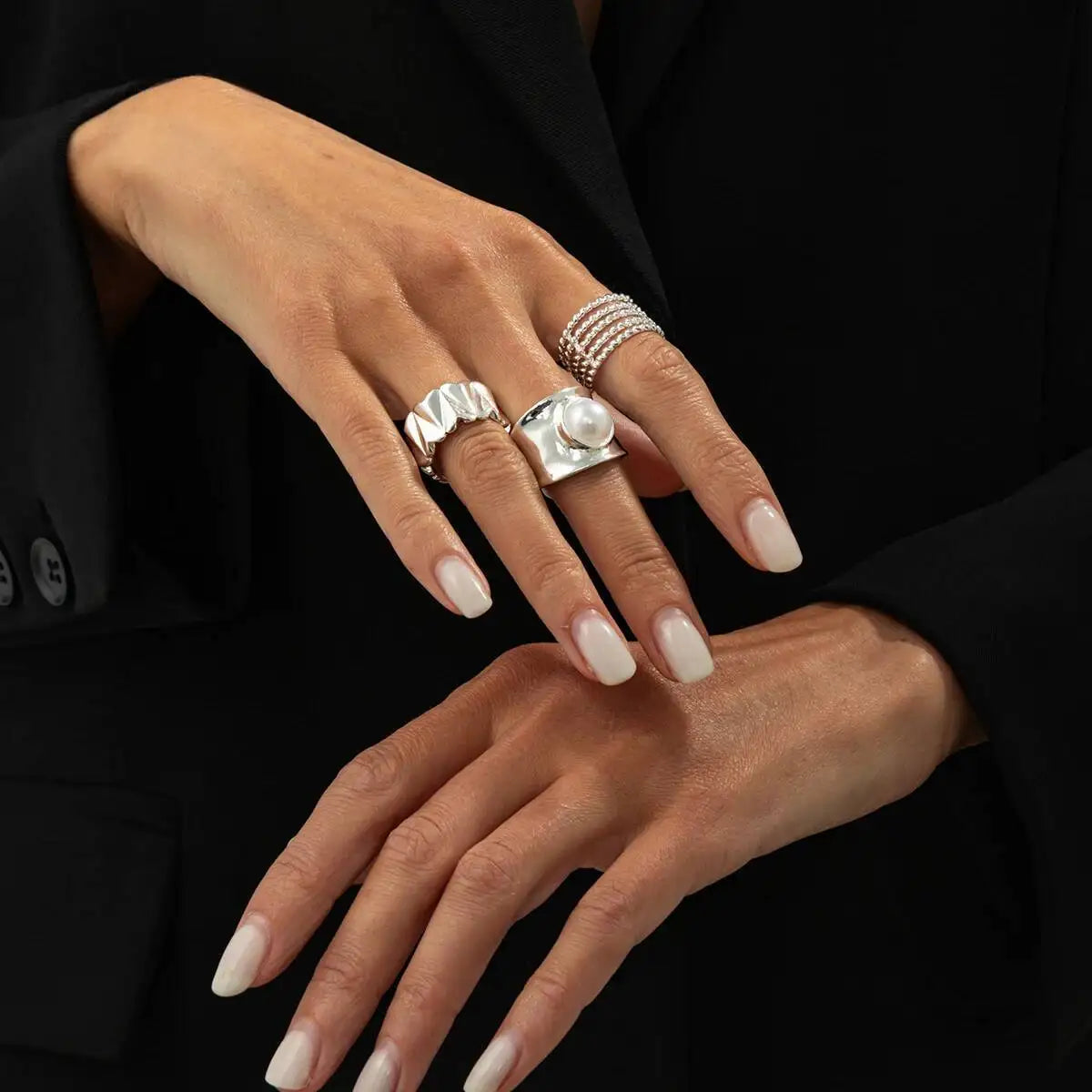 Selene סט טבעות פנינה בגוון כסף