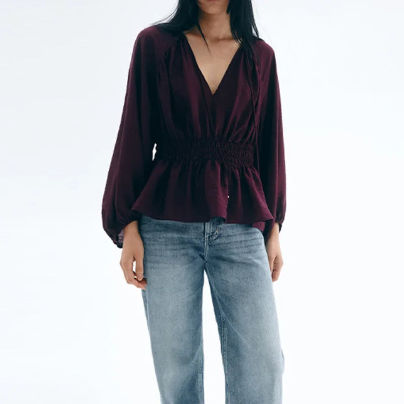 Angel חולצה אלגנטית בורדו עם מפתח וי