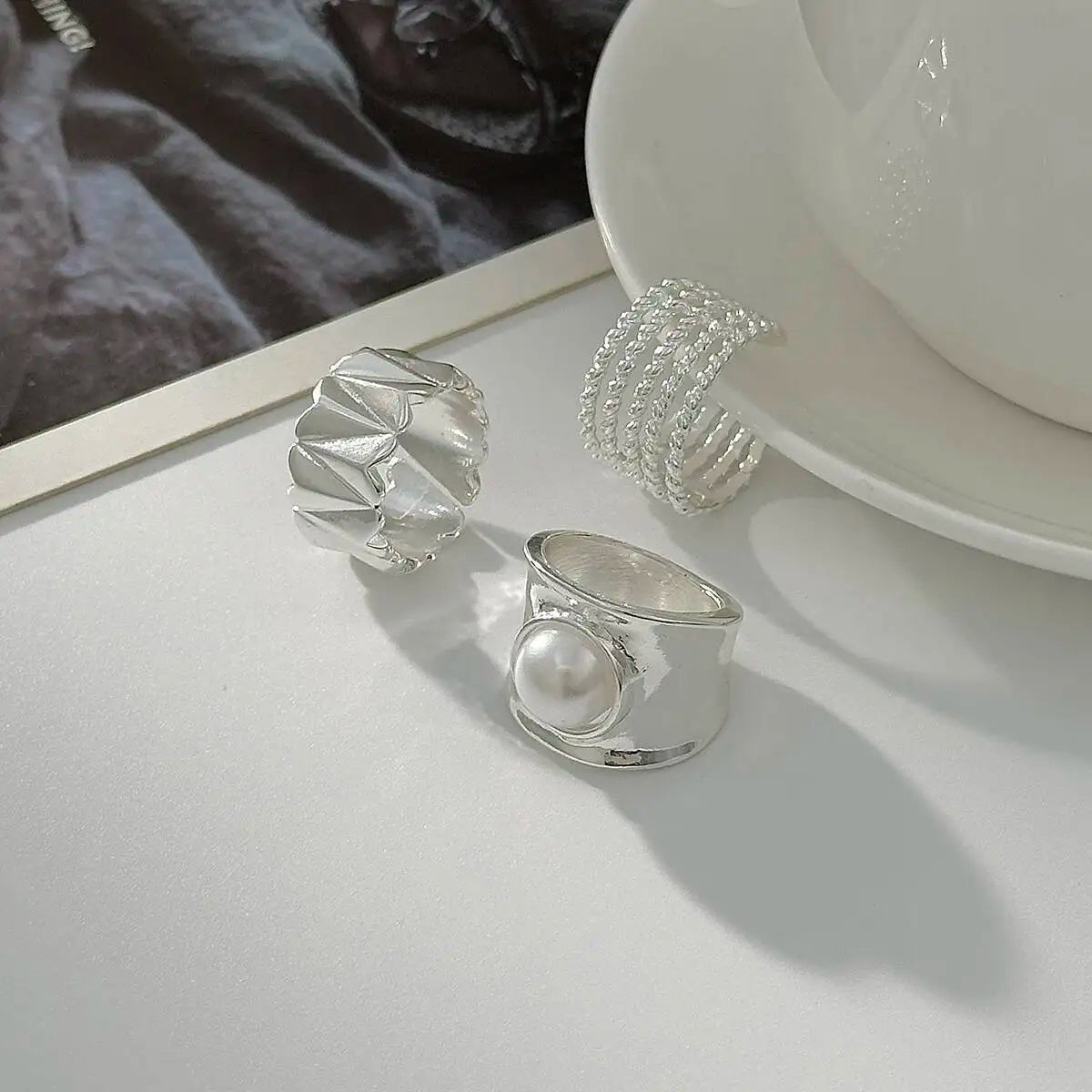 Selene סט טבעות פנינה בגוון כסף