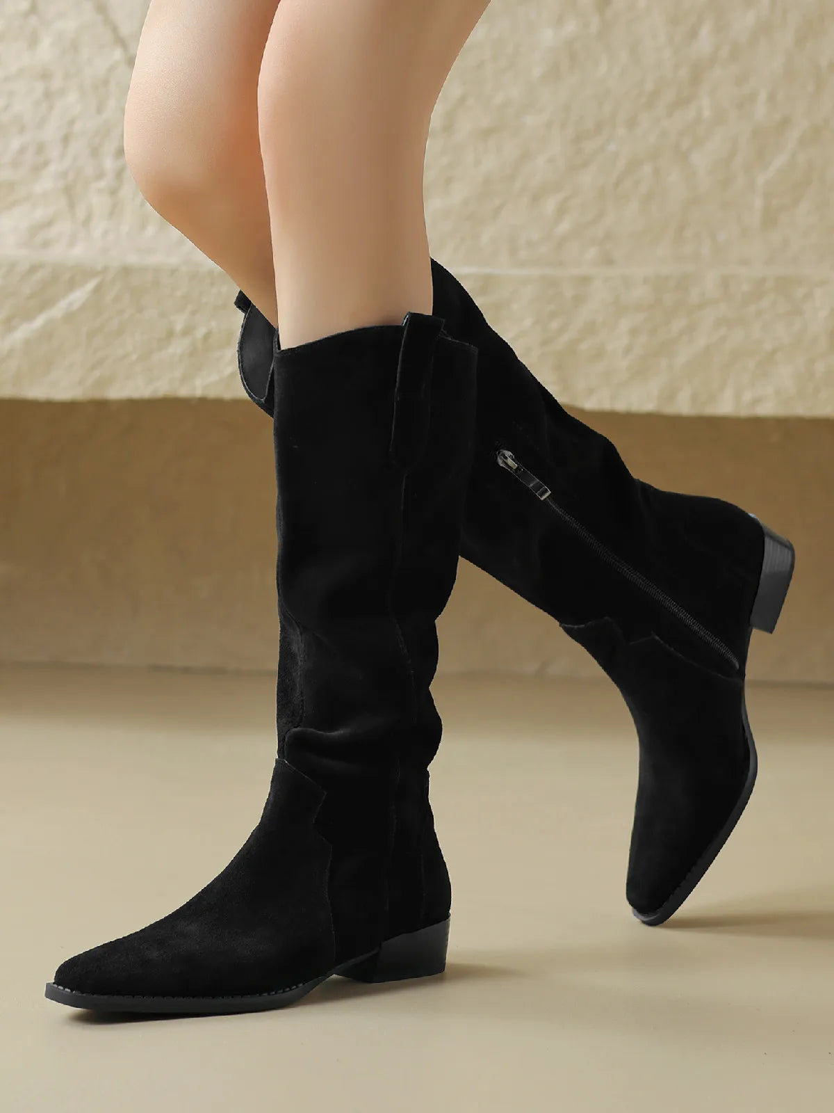 Warren מגפי ברך זמש בסגנון מערבוני עם רוכסן