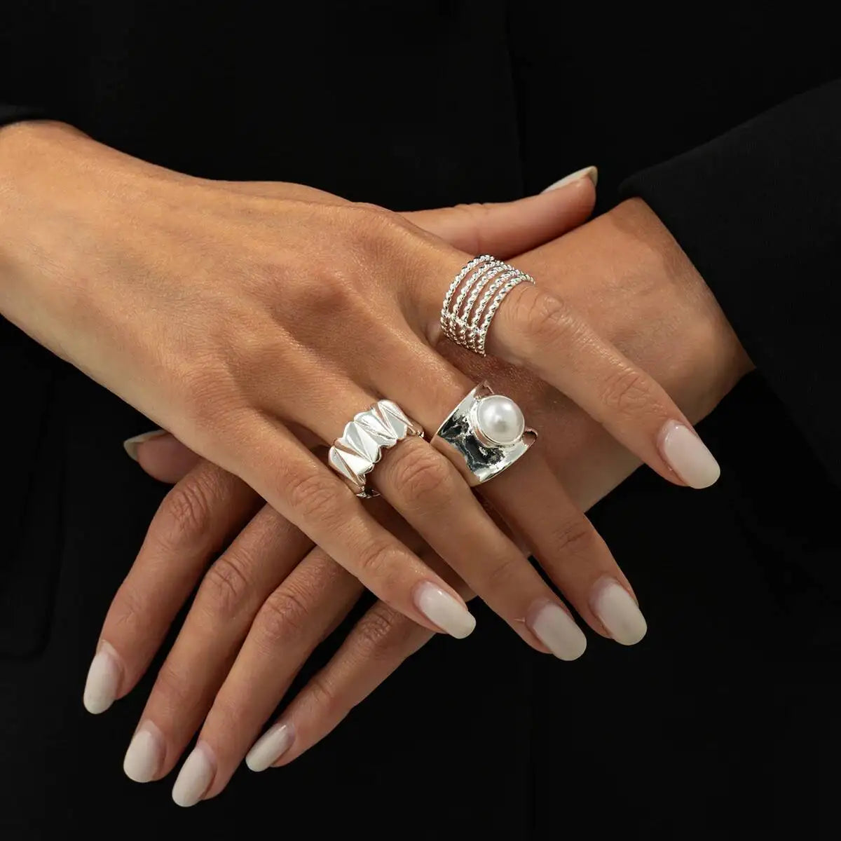 Selene סט טבעות פנינה בגוון כסף