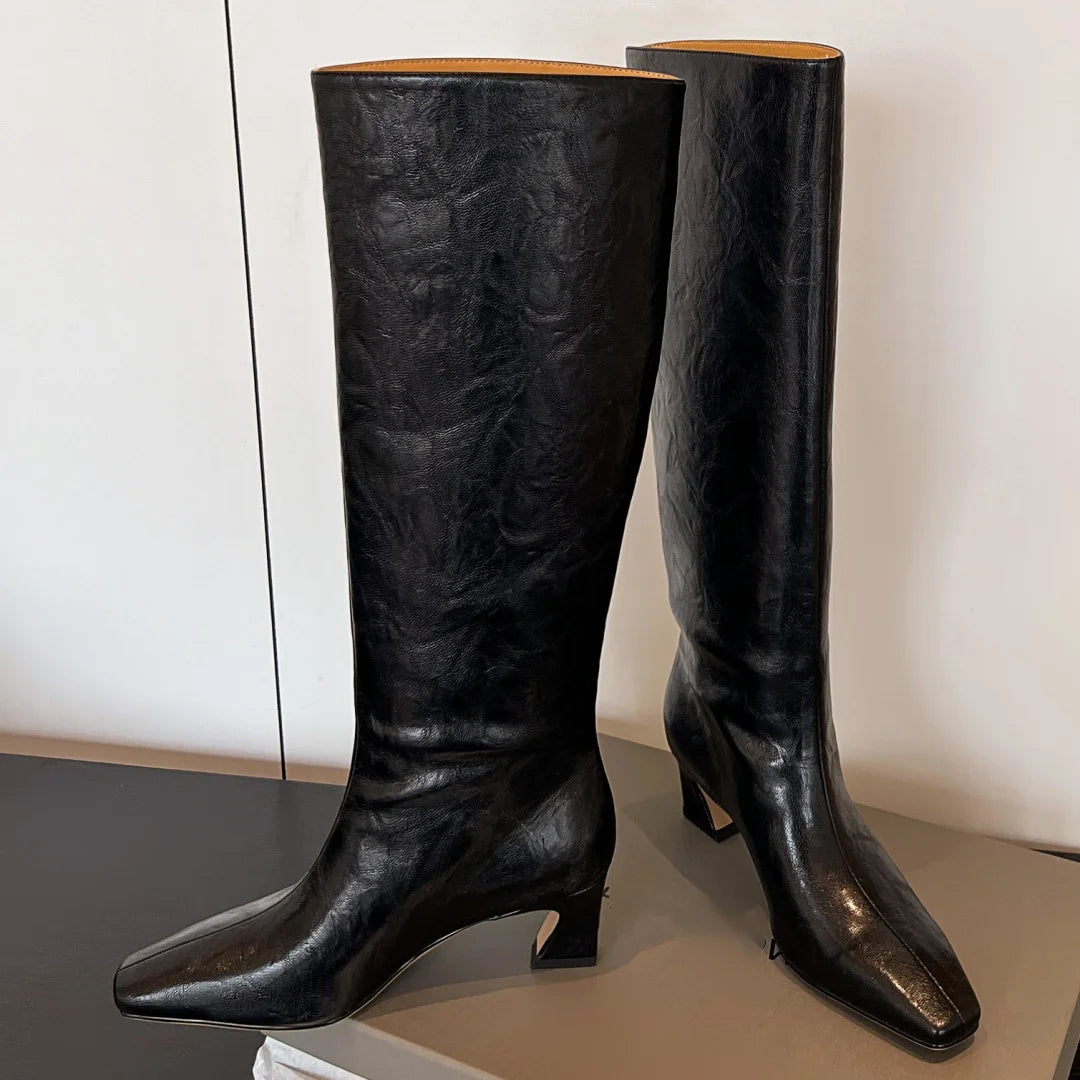 Allan מגפי ברך עור אלגנטיים עם עקב