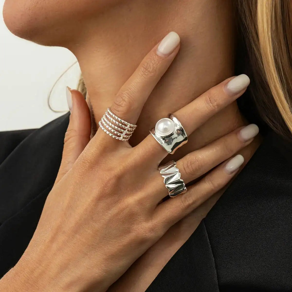 Selene סט טבעות פנינה בגוון כסף