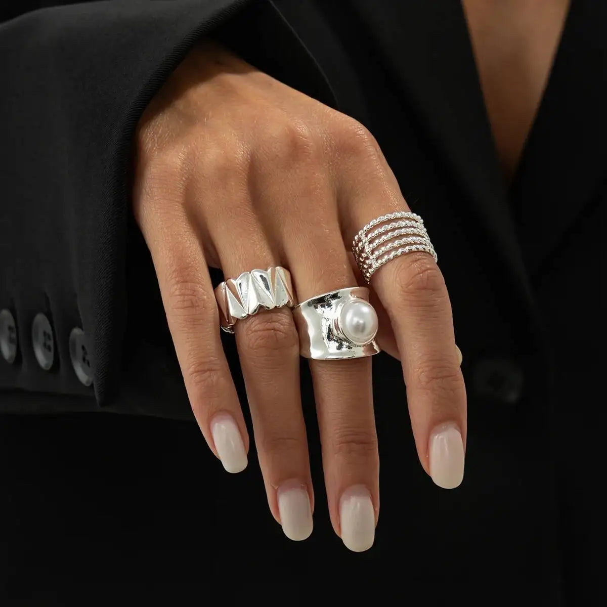 Selene סט טבעות פנינה בגוון כסף