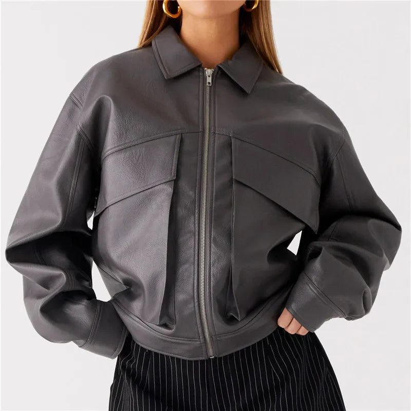 Diane ג׳קט עור אוברסייז עם כיסים ורוכסן