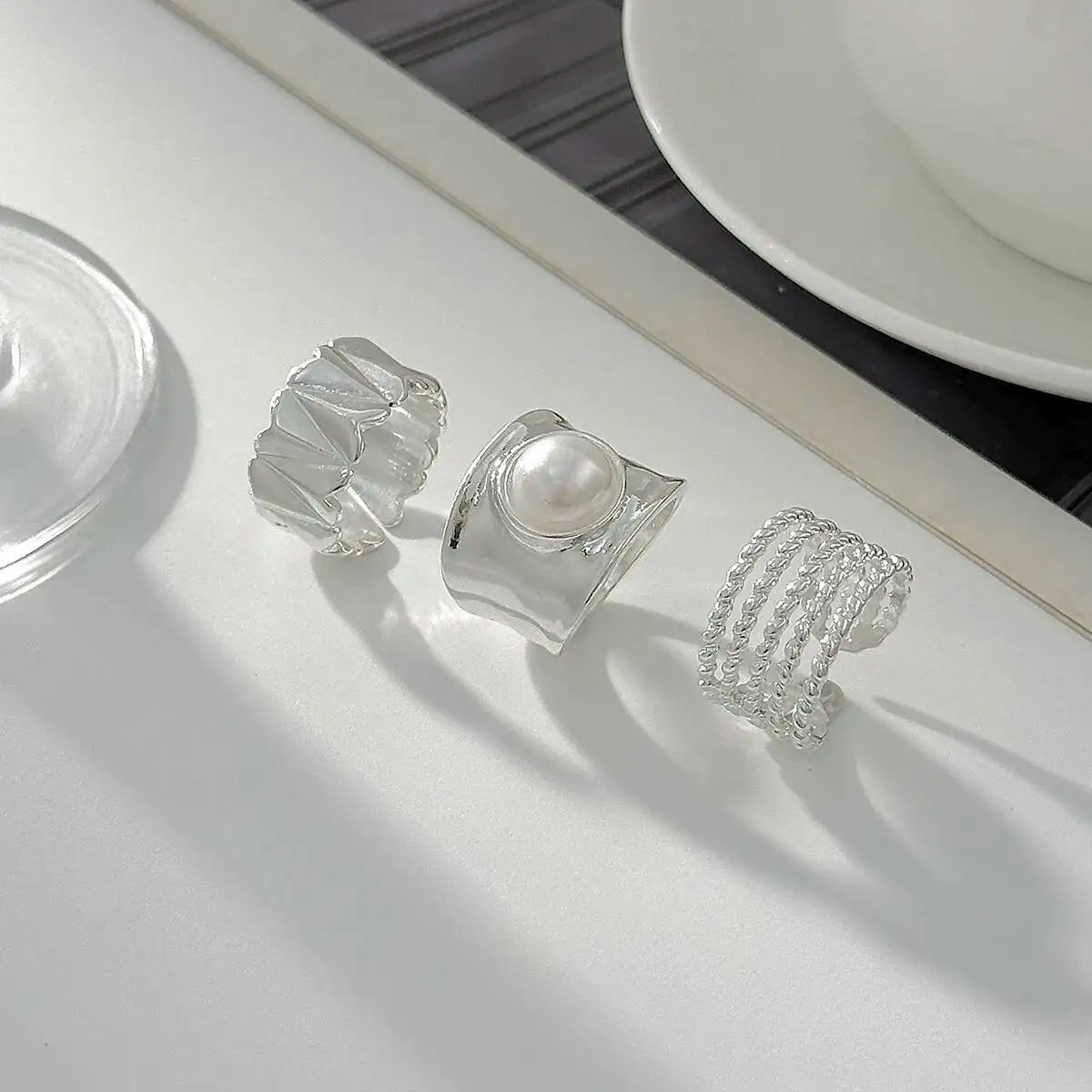 Selene סט טבעות פנינה בגוון כסף